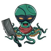 Cartoon malevolent military cyborg octopus character wearing eye mask holding a meat knife. Illustration for fantasy, science fiction and adventure comics vector