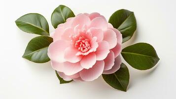 Photo of beautiful Camellia flower isolated on white background. Generative AI