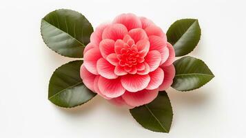 Photo of beautiful Camellia flower isolated on white background. Generative AI