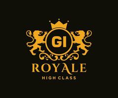 Golden Letter GI template logo Luxury gold letter with crown. Monogram alphabet . Beautiful royal initials letter. vector