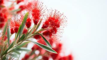 Photo of beautiful Bottlebrush flower isolated on white background. Generative AI