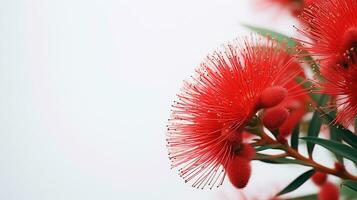 Photo of beautiful Bottlebrush flower isolated on white background. Generative AI