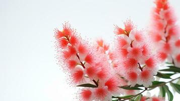 Photo of beautiful Bottlebrush flower isolated on white background. Generative AI