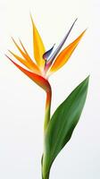 Photo of beautiful Bird of Paradise flower isolated on white background. Generative AI