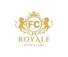 Golden Letter FC template logo Luxury gold letter with crown. Monogram alphabet . Beautiful royal initials letter. vector