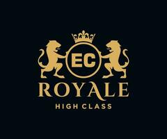 Golden Letter EC template logo Luxury gold letter with crown. Monogram alphabet . Beautiful royal initials letter. vector