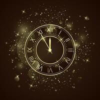dorado reloj marcar con romano números. cinco minutos a doce fiesta cuenta regresiva. nuevo año noche con brilla y destellos vector