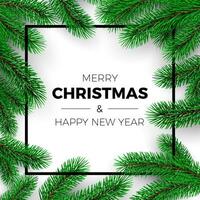 Merry Christmas and Happy New Year Greeting Card. Invitation design. Christmas tree branches on white background and black frame. Holiday decoration elements. Vector