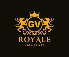 Golden Letter GV template logo Luxury gold letter with crown. Monogram alphabet . Beautiful royal initials letter. vector
