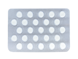 White tablets in silver blister isolated on a transparent png background. Stock photo