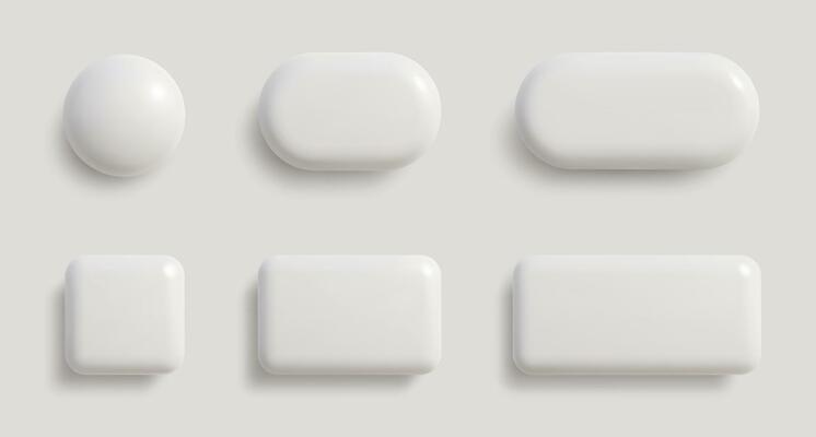 White monochrome 3D button set in different shapes. Blank glossy round, square and rectangle badges.