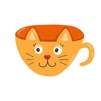 Cute hand drawn handmade ceramic mug in the shape of cat. Tea cup and coffee mug for scandinavian kitchen. Colorful vector clipart of morning crockery, cartoon cup porcelain tableware
