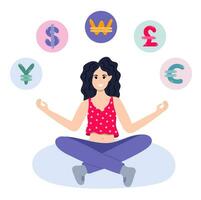Woman in lotus pose with coins of currency of different countries. Concept of trading, investing, earn money online, money management, personal finance management, financial literacy, passive profit vector