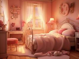 Realistic pink doll bedroom generative ai photo