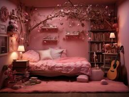 Realistic pink doll bedroom generative ai photo