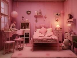 Realistic pink doll bedroom generative ai photo