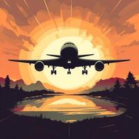 Airplane flies during sunset vector illustration generative ai photo