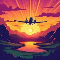 Airplane flies during sunset vector illustration generative ai photo