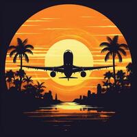 Airplane flies during sunset vector illustration generative ai photo