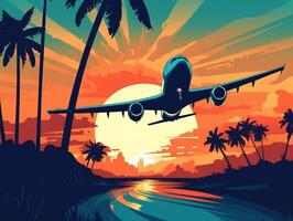 Airplane flies during sunset vector illustration generative ai photo