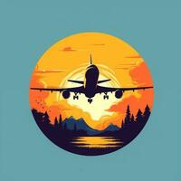 Airplane flies during sunset vector illustration generative ai photo