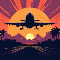 Airplane flies during sunset vector illustration generative ai photo