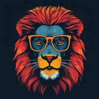 Flat illustration of one retro aggressive lion wearing a sunglasses generative ai photo