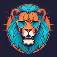 Flat illustration of one retro aggressive lion wearing a sunglasses generative ai photo