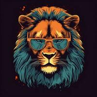 Flat illustration of one retro aggressive lion wearing a sunglasses generative ai photo