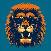 Flat illustration of one retro aggressive lion wearing a sunglasses generative ai photo