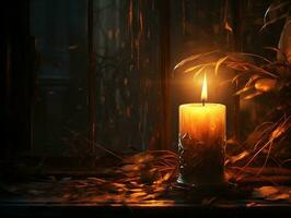 Faint light of a burning candle in the dark candlelight wallpaper background generative ai photo