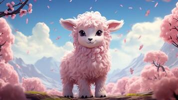 Pink anime cartoon style animal sheep wallpaper background generative ai photo