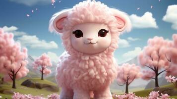 Pink anime cartoon style animal sheep wallpaper background generative ai photo