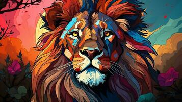 vistoso león en popular Arte estilo vector ilustración generativo ai foto