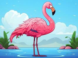 Pink cartoon style animal flamingo wallpaper background generative ai photo