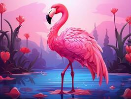 Pink cartoon style animal flamingo wallpaper background generative ai photo