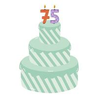 Cute birthday cake with burning candles in the form of numbers. Dessert for celebration each year of birth, anniversary. Stylized hand drawn clipart of holiday cupcake in the scandinavian style vector