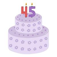 Cute birthday cake with burning candles in the form of numbers. Dessert for celebration each year of birth, anniversary. Stylized hand drawn clipart of holiday cupcake in the scandinavian style vector