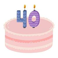 Cute birthday cake with burning candles in the form of numbers. Dessert for celebration each year of birth, anniversary. Stylized hand drawn clipart of holiday cupcake in the scandinavian style vector