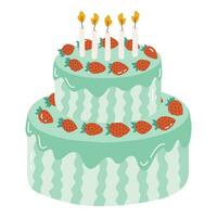 Cute birthday cake with burning candles. Dessert for celebration, anniversary, wedding. Stylized vector illustration of holiday cupcake. Trendy hand drawn clipart in the scandinavian style