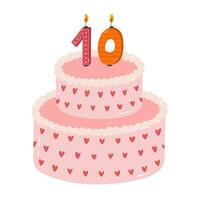 Cute birthday cake with burning candles in the form of numbers. Dessert for celebration each year of birth, anniversary. Stylized hand drawn clipart of holiday cupcake in the scandinavian style vector