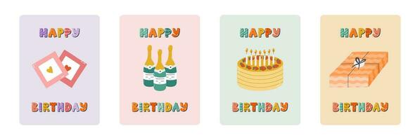 Set of cute postcard for Happy Birthday. Trendy and minimalistic posters with lettering and hand drawn illustration about birthday party, holiday, celebration, anniversary. Greeting card template vector