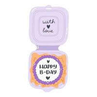 Cute hand drawn bento cake in the mini box. Popular small Korean dessert with happy b-day lettering. Trendy mini box cakes in a package for celebration. Colorful vector clipart in naive style