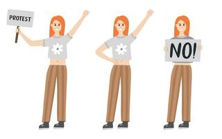 Women protests in different poses. Angry girl holding a banner, raising fist up. Concept of protest, democracy, rights. Civil resistance. Hand drawn vector cartoon illustration. Female community.