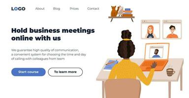 Web page design template for online meeting conference. Teamwork concept about distance work. Modern business design of online call between people during quarantine. Corporate business technology. vector