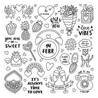 Big clipart and lettering set for St. Valentine's day. Valentine hand drawn isolated vector. Holiday, love, romance concept. Love letter, bird, gift, sweet, champagne, phone, rainbow, clock, flower. vector