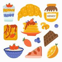 Set of sweet food for breakfast. Popular products. Almond croissant, dessert with yogurt and chia, pancake with jam, honey, berry, oatmeal, strawberry, waffle, cheesecake, nut, bitten chocolate bar. vector