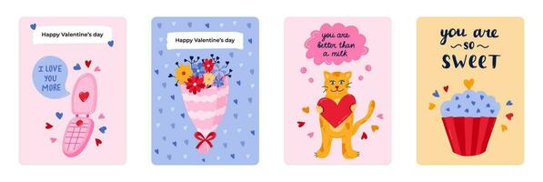 Set of cute postcard for Happy Valentine's day, birthday or other holiday. Posters with lettering and vector hand drawn illustration about love, romance, holiday, 14th February. Greeting card template