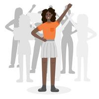 Crowd of protesters with angry girl raising fist up in front. Concept of protest, democracy, rights. Civil resistance. Hand drawn vector cartoon illustration. Female community. Demonstration