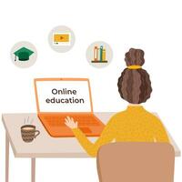 Girl is sitting before computer and studying. Back view. Modern concept of online education, learning process, business. Vector illustration with young student at home. Home education, online course.